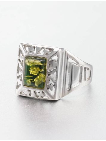 Bold Silver Signet Ring With Green Amber The Ellas, Ring Size: 6.5 / 17, image , picture 3