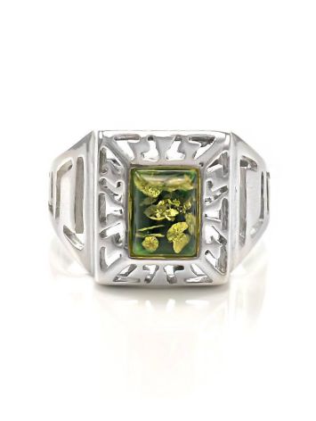Bold Silver Signet Ring With Green Amber The Ellas, Ring Size: 7 / 17.5, image , picture 4