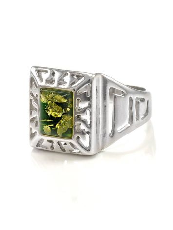 Bold Silver Signet Ring With Green Amber The Ellas, Ring Size: 7 / 17.5, image , picture 6