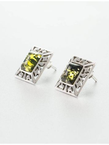 Elegant Silver Stud Earrings With Green Amber The Ithaca, image , picture 3