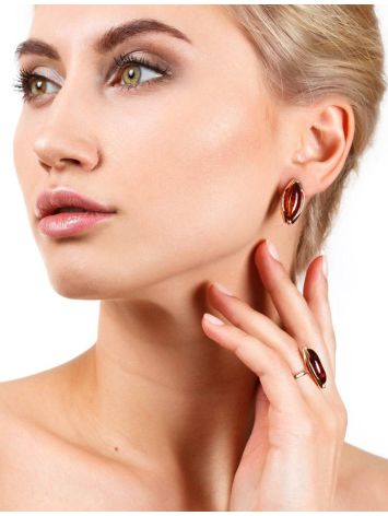 Chic Golden Earrings With Cognac Amber The Ballade, image , picture 3