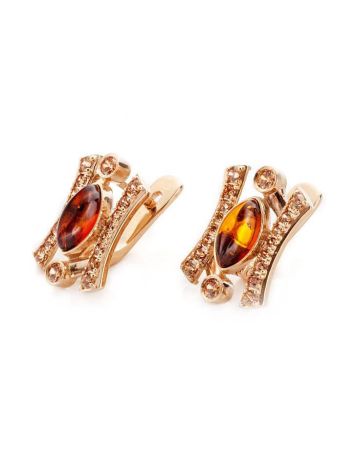 Cognac Amber Earrings In Gold With Champagne Crystals The Raphael, image , picture 3
