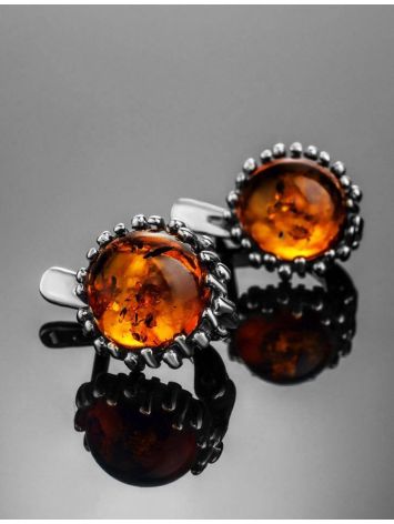 Round Silver Earrings With Cognac Amber The Brunia, image , picture 3
