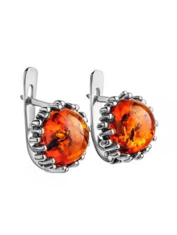 Round Silver Earrings With Cognac Amber The Brunia, image , picture 4