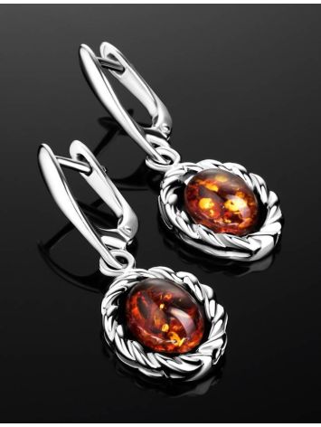 Charming Silver Drop Earrings With Bright Cognac Amber The Florence, image , picture 2