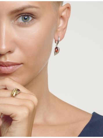Adorable Silver Drop Earrings With Cognac Amber The Bee, image , picture 2