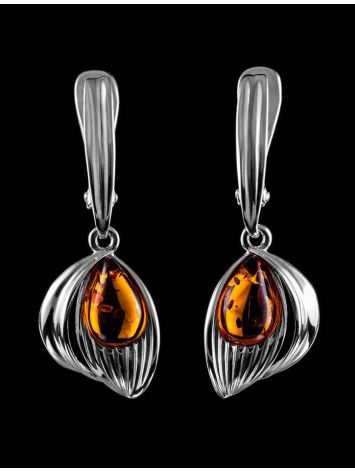 Adorable Silver Drop Earrings With Cognac Amber The Bee, image , picture 3