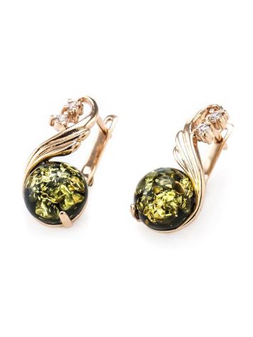 Refined Green Amber Earrings With Crystals The Swan, image , picture 4