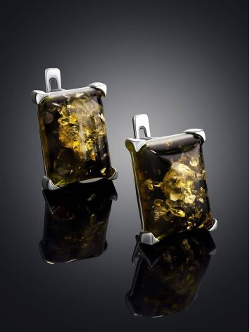 Silver Earrings With Square Green Amber Stone The Rectangle, image , picture 2