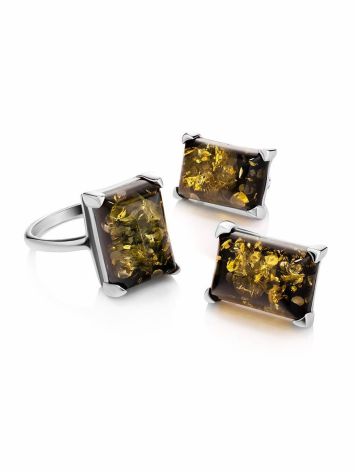 Silver Earrings With Square Green Amber Stone The Rectangle, image , picture 4