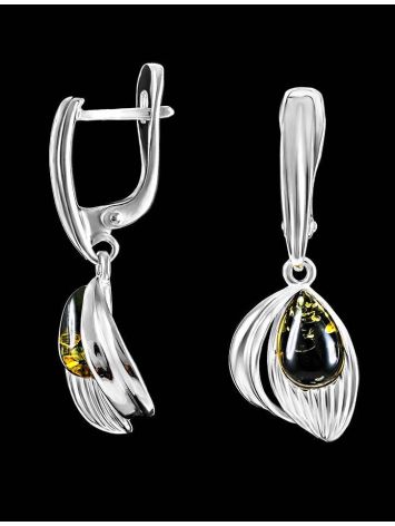 Bright Silver Drop Earrings With Green Amber The Bee, image , picture 3