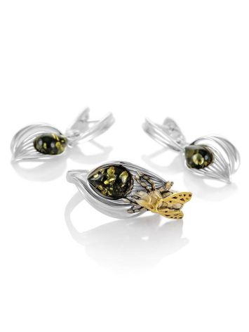 Bright Silver Drop Earrings With Green Amber The Bee, image , picture 4