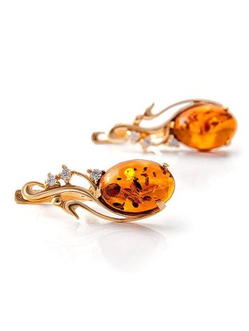Golden Earrings With Cognac Amber and Crystals The Swan, image , picture 4