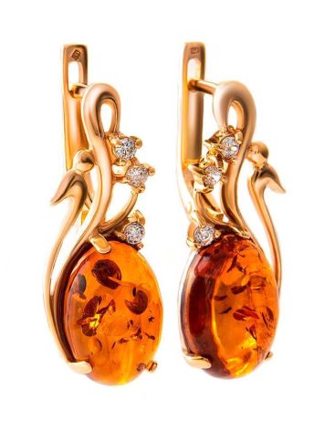 Golden Earrings With Cognac Amber and Crystals The Swan, image , picture 5