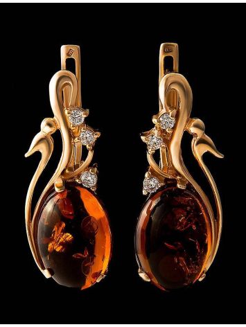 Golden Earrings With Cognac Amber and Crystals The Swan, image , picture 2