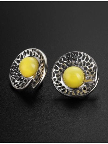 Round Silver Earrings With Honey Amber Centerpieces The Venus, image , picture 2