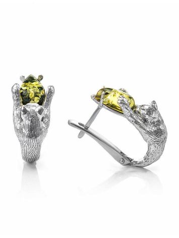 Cute And Fabulous Sterling Silver Earrings With Green Amber The Cats, image , picture 2