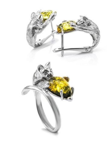 Cute And Fabulous Sterling Silver Earrings With Green Amber The Cats, image , picture 5
