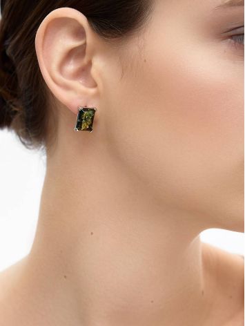 Silver Earrings With Square Green Amber Stone The Rectangle, image , picture 3