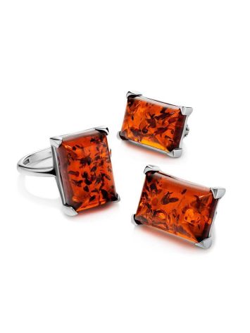 Silver Earrings With Square Cognac Amber Stone The Rectangle, image , picture 4