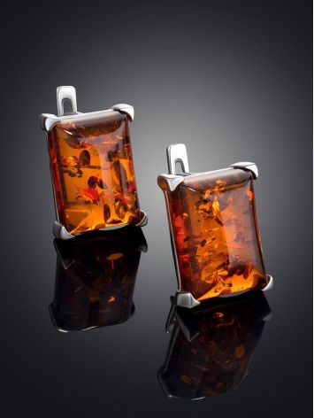 Silver Earrings With Square Cognac Amber Stone The Rectangle, image , picture 2