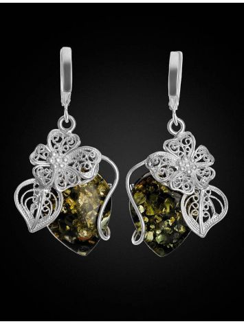 Unique Sterling Silver Floral Earrings With Sparkling Green Amber The Dew, image , picture 3