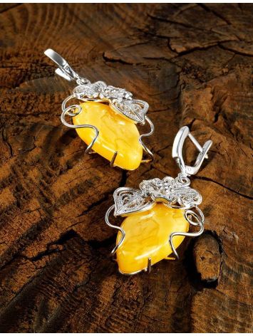 Unique Sterling Silver Floral Earrings With Sparkling Honey Amber The Dew, image , picture 3
