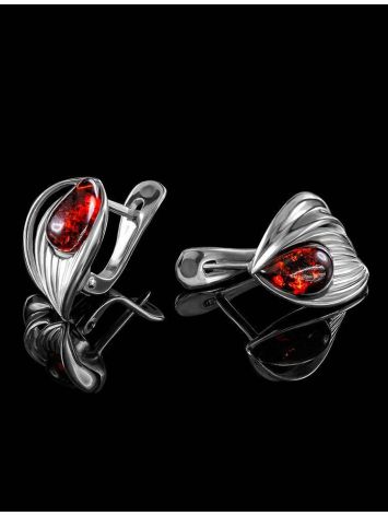 Bright Silver Earrings With Cherry Amber The Bee, image , picture 2