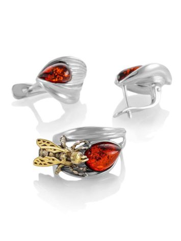 Bright Silver Earrings With Cherry Amber The Bee, image , picture 4