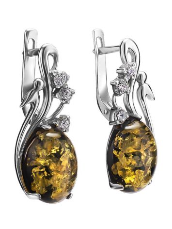 Green Amber Earrings In Sterling Silver With Crystals The Swan, image , picture 4
