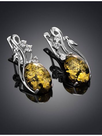 Green Amber Earrings In Sterling Silver With Crystals The Swan, image , picture 2