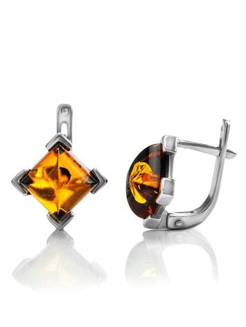Square Silver Earrings With Cognac Amber The Artemis, image , picture 4