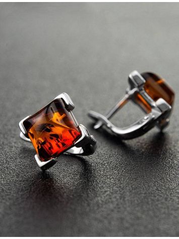 Square Silver Earrings With Cognac Amber The Artemis, image , picture 2