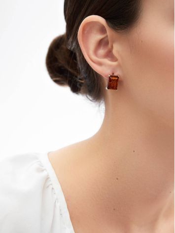 Silver Earrings With Square Cognac Amber Stone The Rectangle, image , picture 3