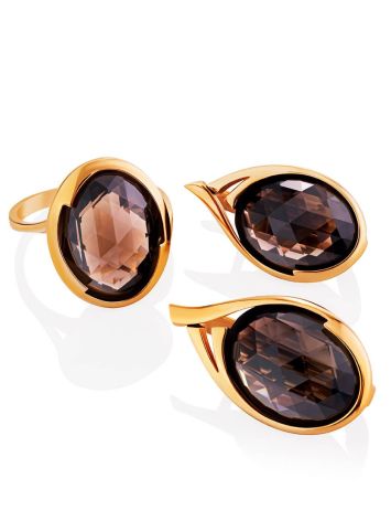 Golden Earrings With Oval Smoky Quartz Centerpieces, image , picture 3