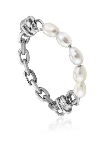 Link Band Silver Ring With Pearl The Palazzo, Ring Size: 6.5 / 17, image 