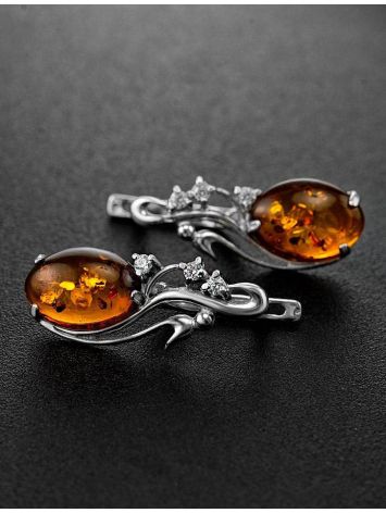 Cognac Amber Earrings In Sterling Silver With Crystals The Swan, image , picture 2