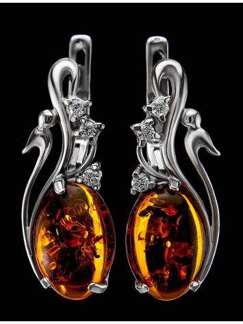 Cognac Amber Earrings In Sterling Silver With Crystals The Swan, image , picture 4