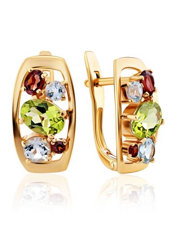 Golden Earrings With Bright Multicolor Stones, image 