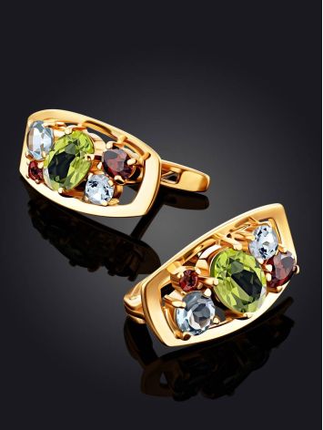 Golden Earrings With Bright Multicolor Stones, image , picture 2