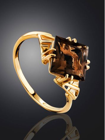 Geometric Golden Ring With Smoky Quartz Centerstone, Ring Size: 8 / 18, image , picture 2
