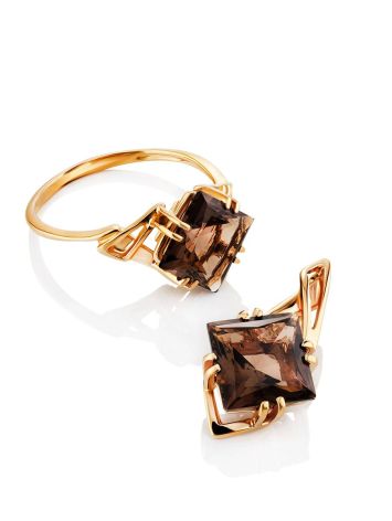 Geometric Golden Ring With Smoky Quartz Centerstone, Ring Size: 8 / 18, image , picture 4