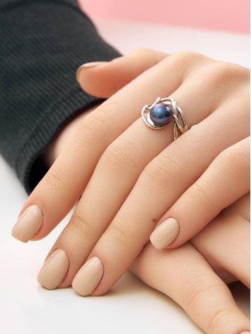 Voluptuous Silver Cocktail Ring With Deep Purple Cultured Pearl The Serene, Ring Size: 6 / 16.5, image , picture 4