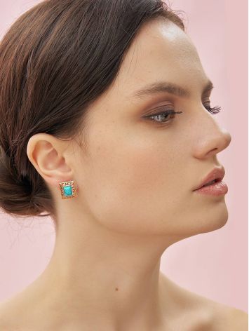 Ornate Gold-Plated Stud Earrings With Reconstructed Turquoise The Ithaca, image , picture 5