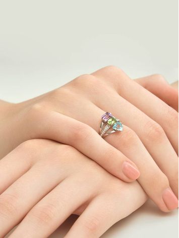 Silver Cocktail Ring With Multicolor Crystals, Ring Size: 7 / 17.5, image , picture 4