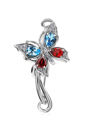Fabulous Silver Butterfly Brooch With Multicolor Crystals, image 