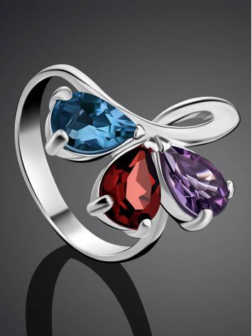 Stylish Silver Ring With Multicolor Crystals, Ring Size: 7 / 17.5, image , picture 2