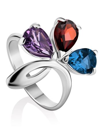 Stylish Silver Ring With Multicolor Crystals, Ring Size: 7 / 17.5, image 