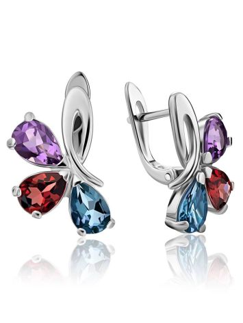 Silver Earrings With Bright Mix Color Crystals, image 