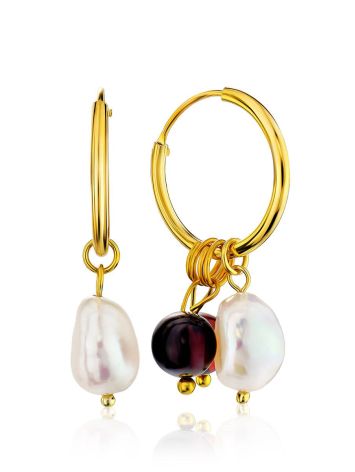 Transformable Gold Playted Silver Hoop Earrings With Natural Cherry Amber And Baroque Pearl The Palazzo, image 